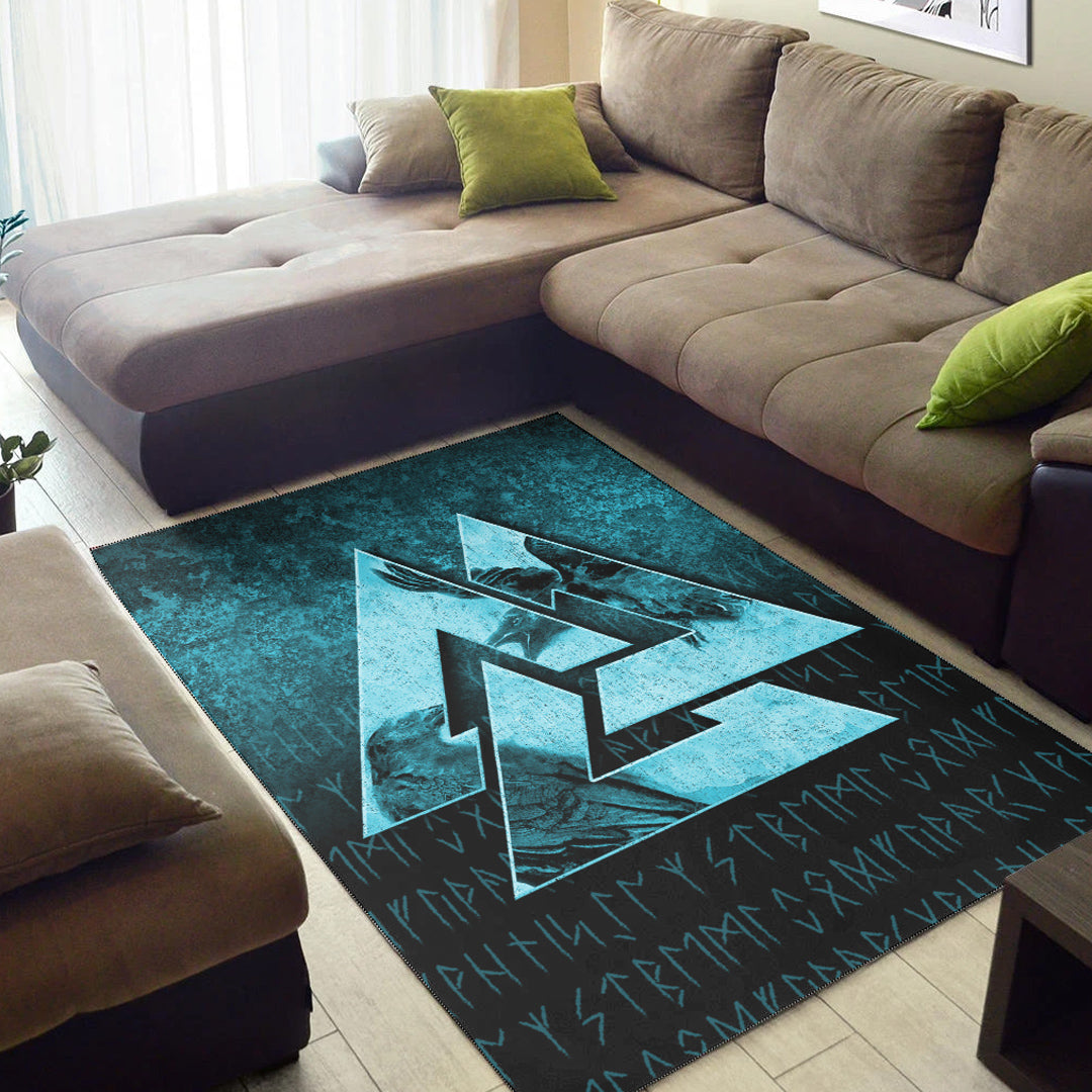 Viking Area Rug Huginn Muninn Ravens from Odin Viking Cyan Version