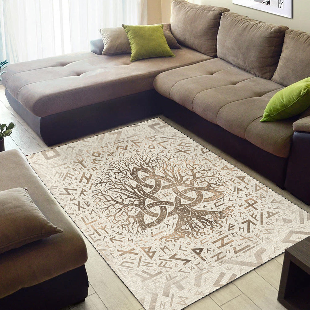 Viking Area Rug Tree of Life with Triquetra and Futhark Pastel Gold