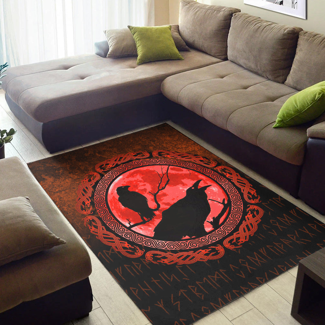 Viking Area Rug Vikings Huginn Muninn Odin’s Ravens Red Version