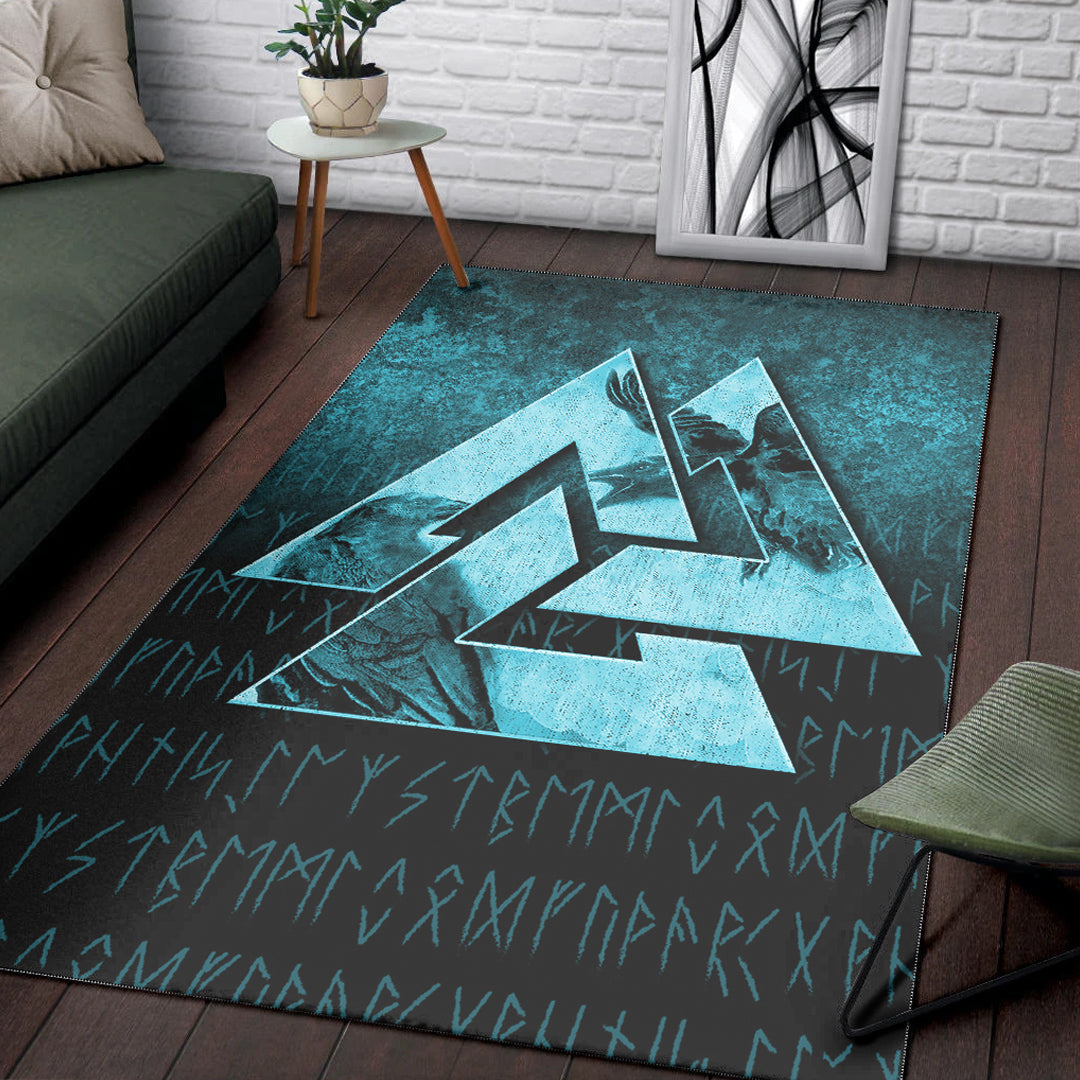 Viking Area Rug Huginn Muninn Ravens from Odin Viking Cyan Version