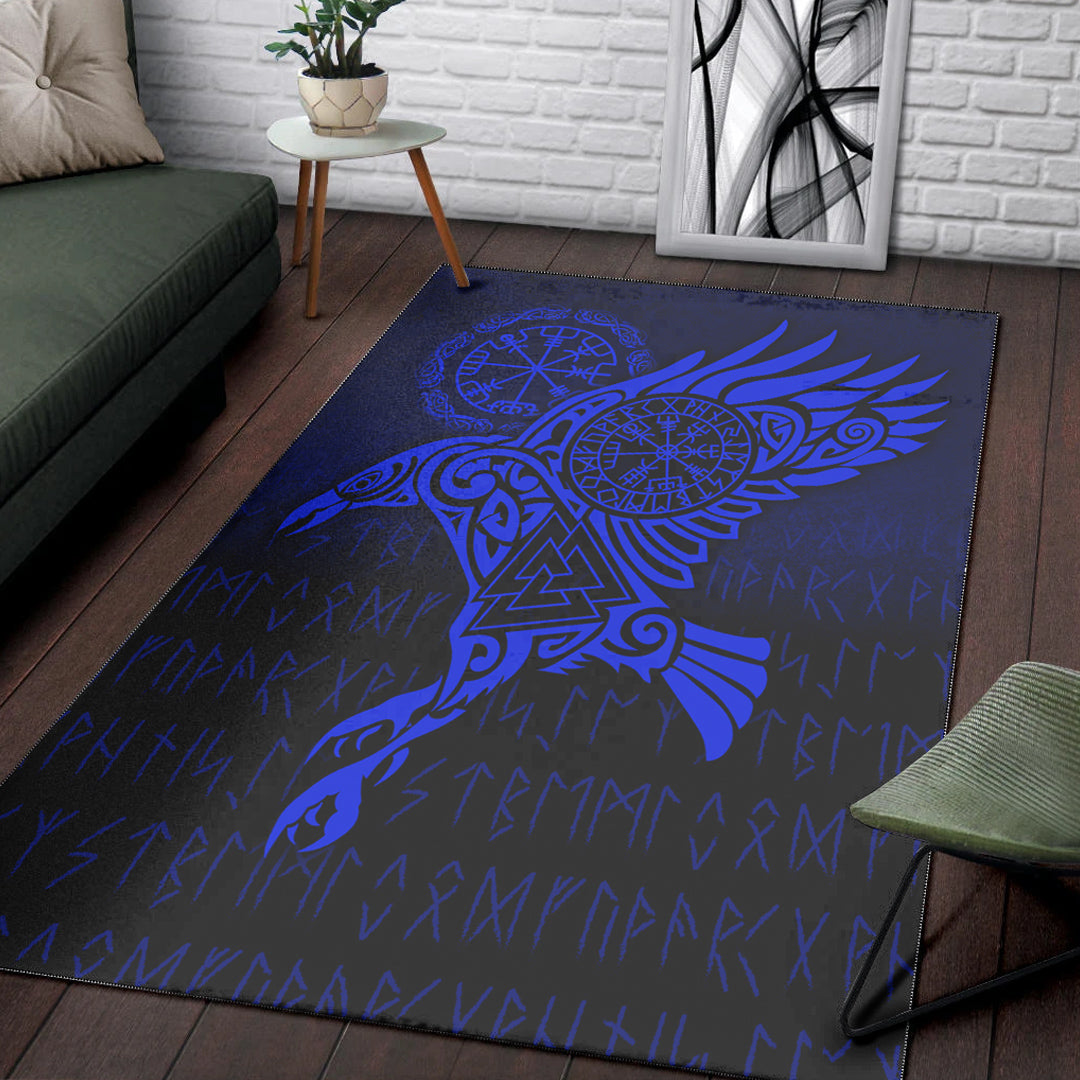 Viking Area Rug Raven Vegvisir Tattoo Blue Version