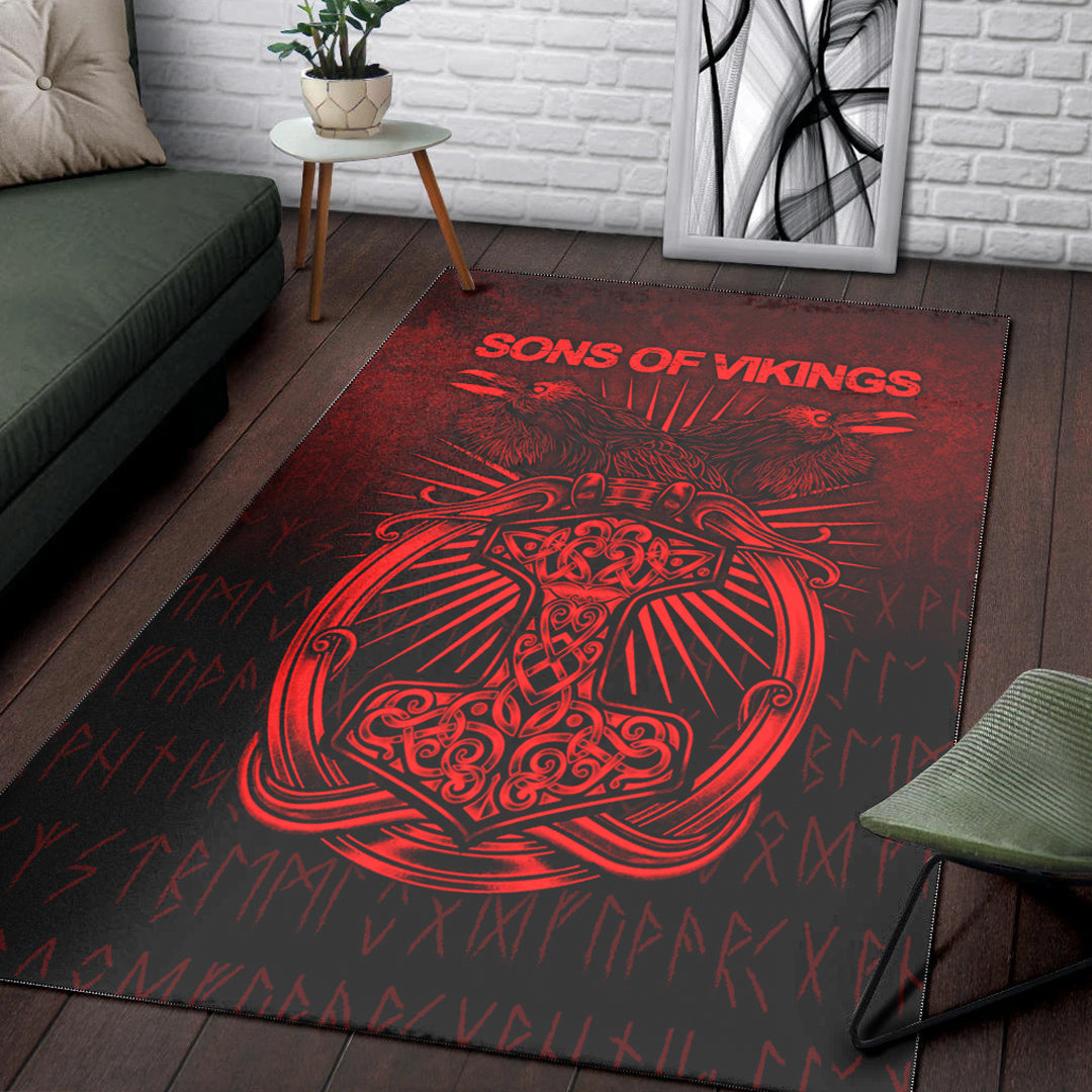 Viking Area Rug Vikings Ravens Mjolnir Red Version