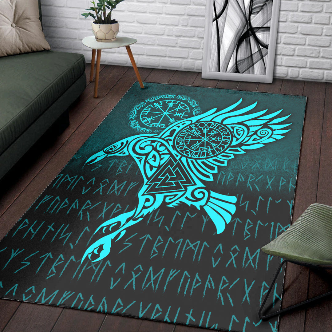 Viking Area Rug Raven Vegvisir Tattoo Cyan Version