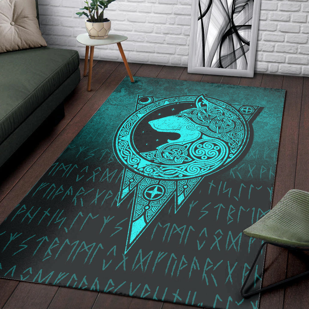 Viking Area Rug Viking Norse Wolf Cyan Version