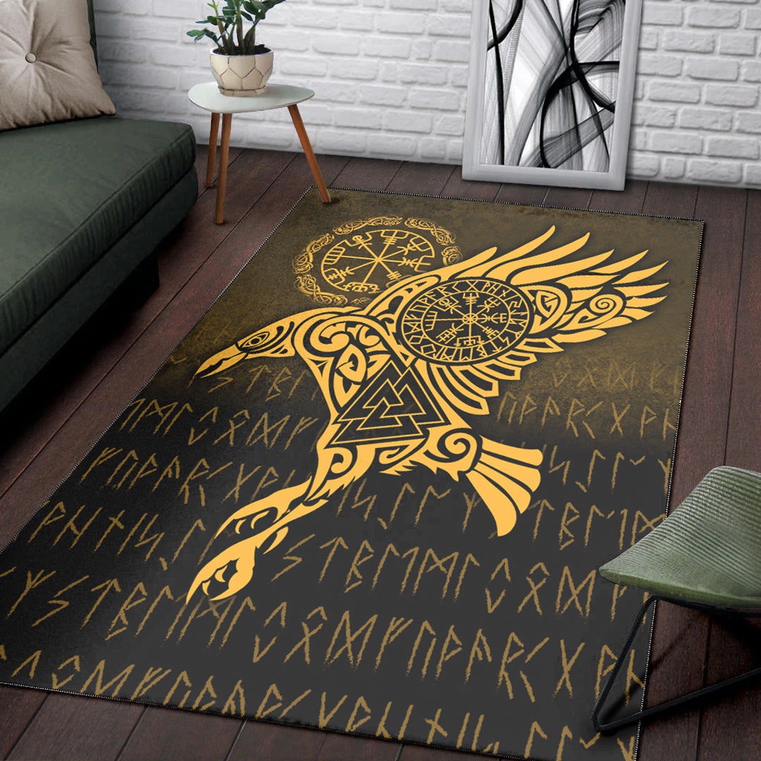 Viking Area Rug Raven Vegvisir Tattoo Gold Version