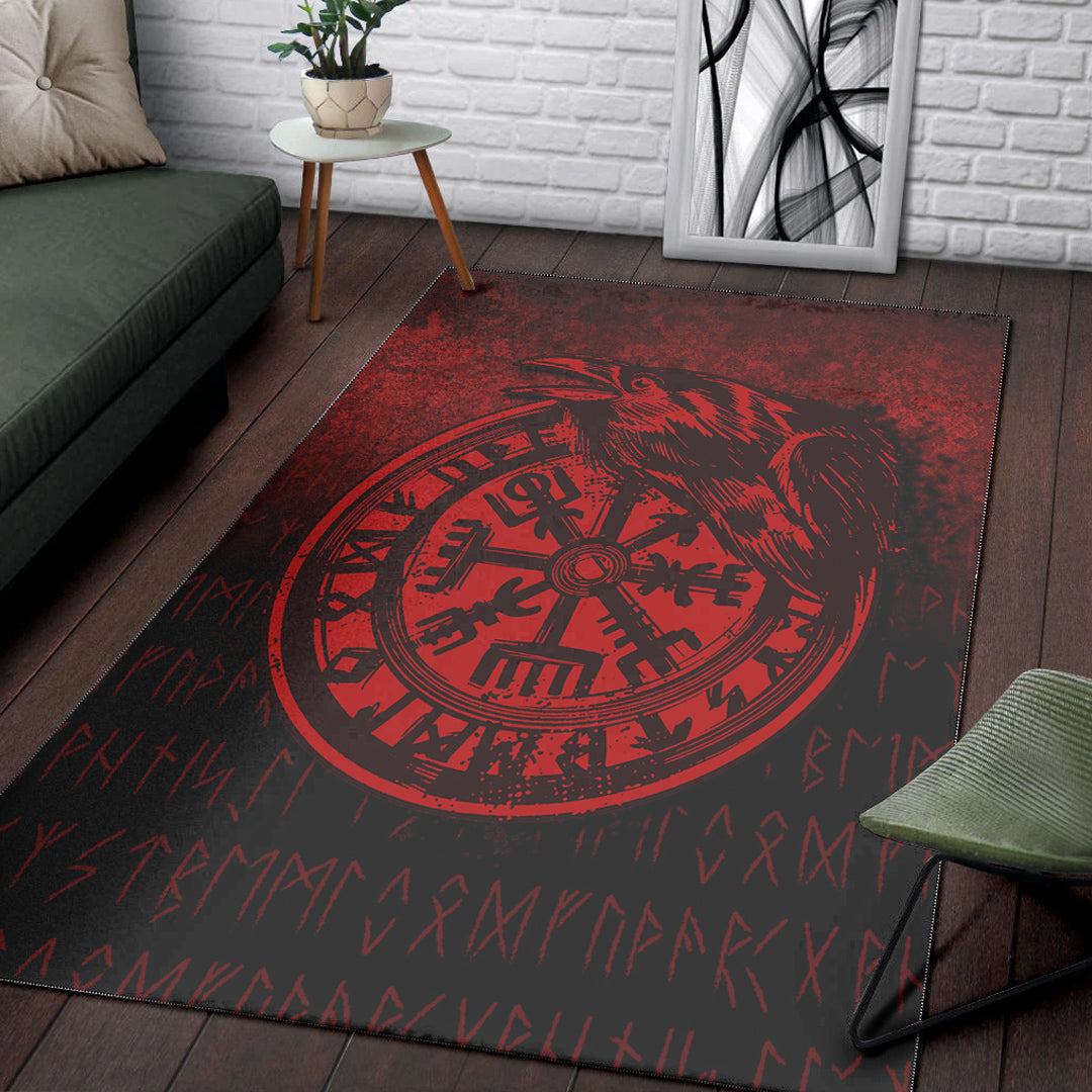 Viking Area Rug Viking Vegvisir Rune with Crow Red Version