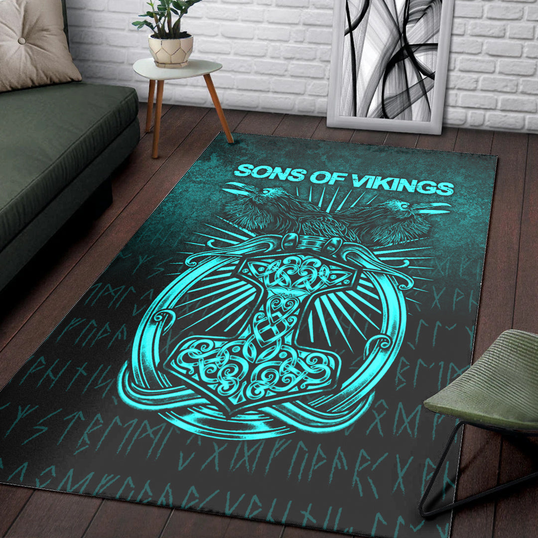 Viking Area Rug Vikings Ravens Mjolnir Cyan Version