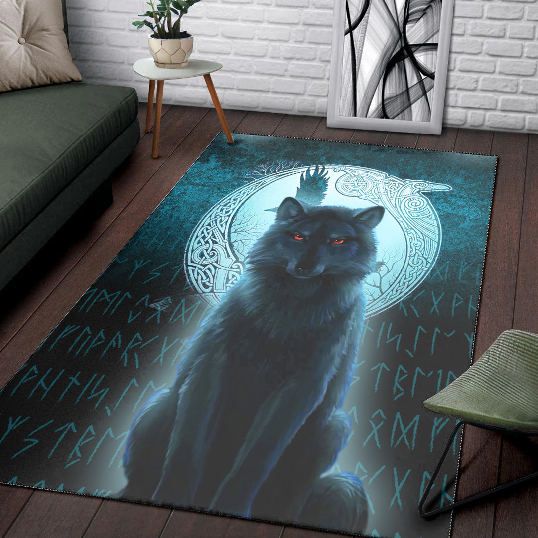 Viking Area Rug Fenrir Viking Wolf Cyan Version