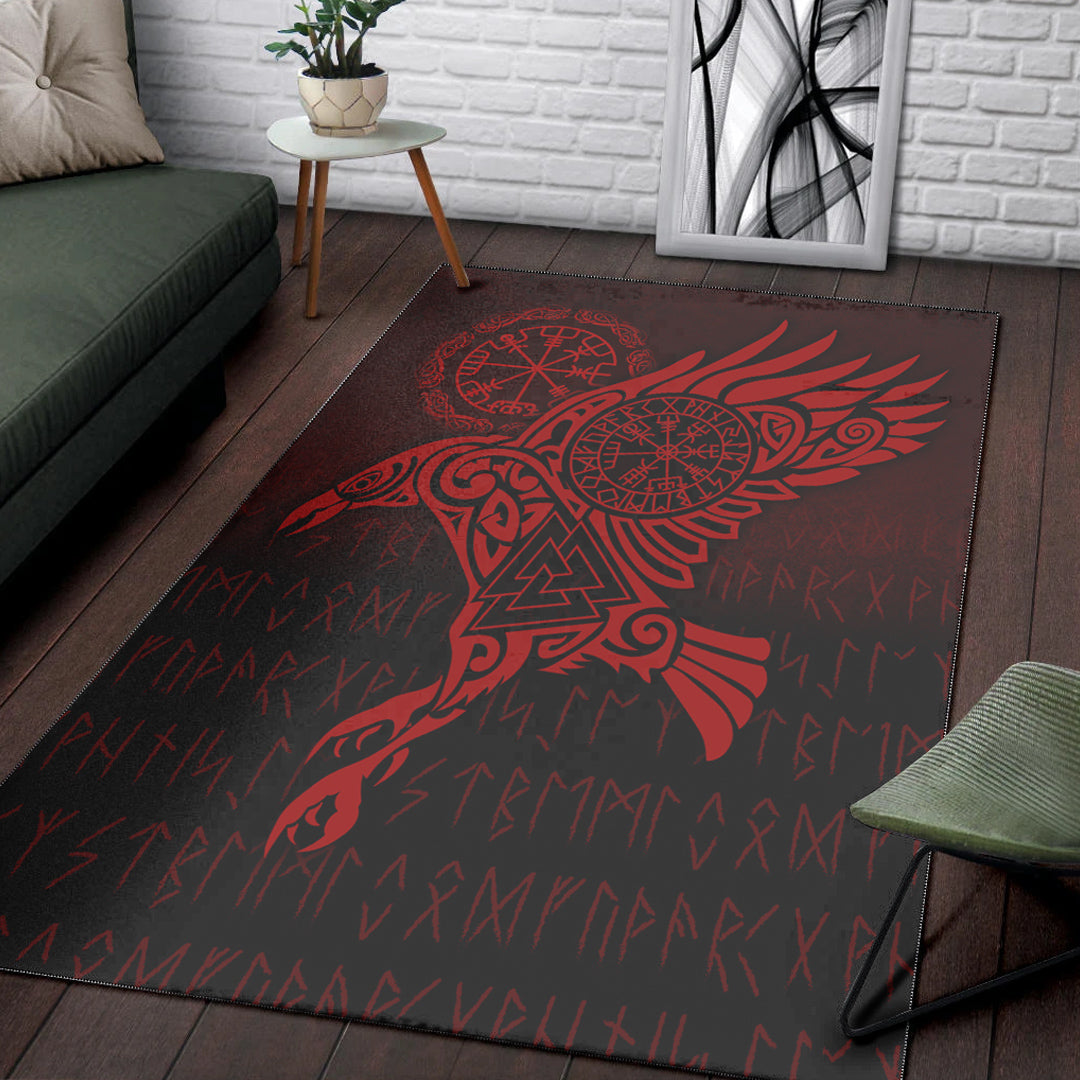 Viking Area Rug Raven Vegvisir Tattoo Red Version