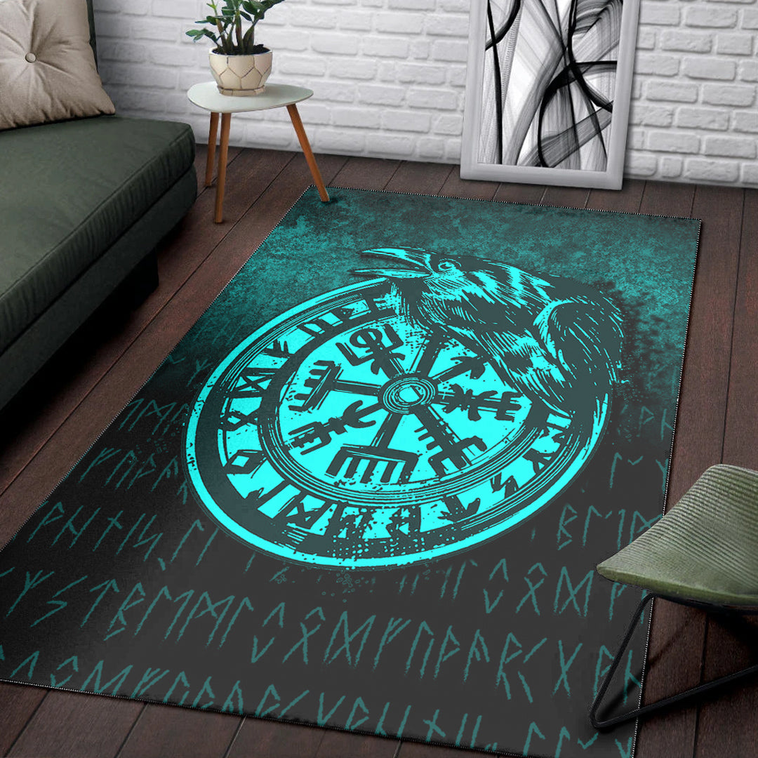 Viking Area Rug Viking Vegvisir Rune with Crow Cyan Version