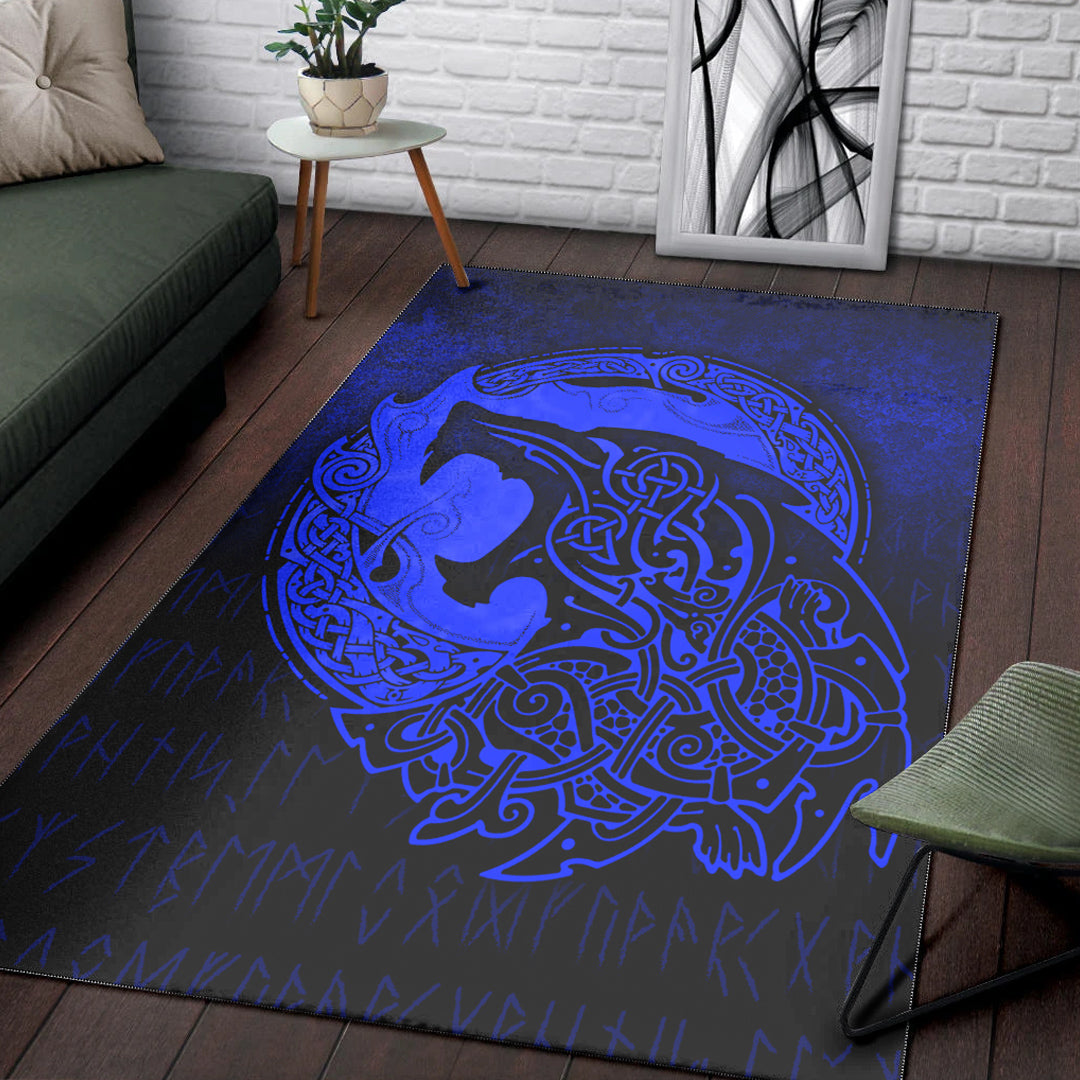 Viking Area Rug Fenrir Viking 3D Tattoo Blue Version