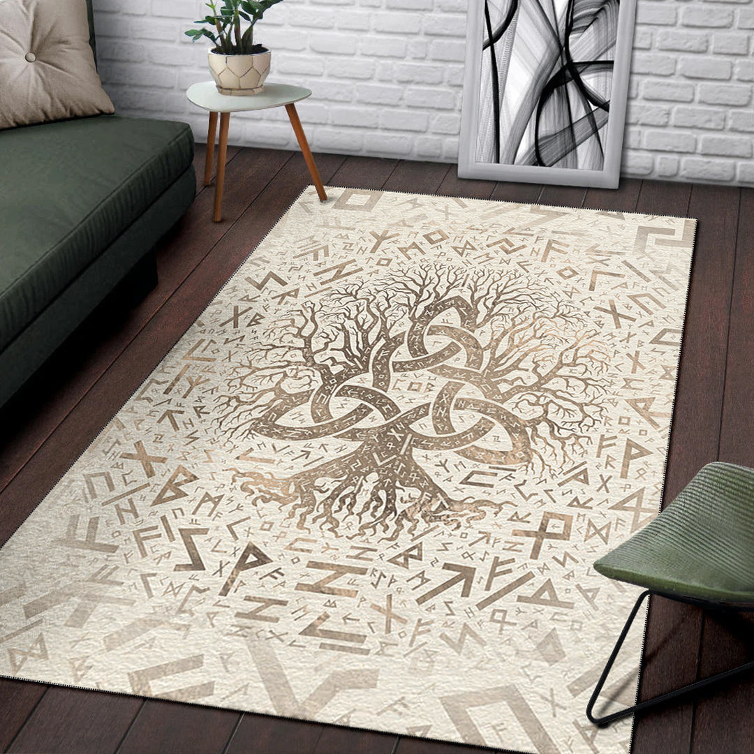 Viking Area Rug Tree of Life with Triquetra and Futhark Pastel Gold