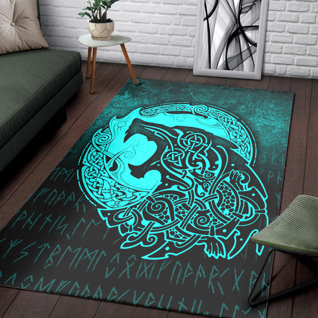 Viking Area Rug Fenrir Viking 3D Tattoo Cyan Version