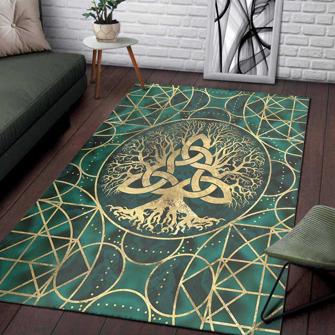 Viking Area Rug Tree of Life with Triquetra Malachite and Gold