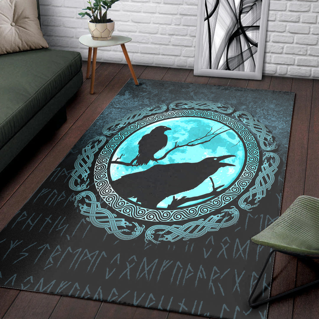 Viking Area Rug Vikings Huginn Muninn Odin’s Ravens Cyan Version