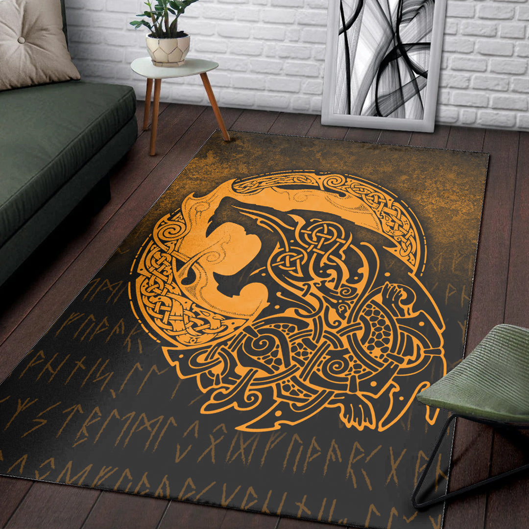 Viking Area Rug Fenrir Viking 3D Tattoo Gold Version