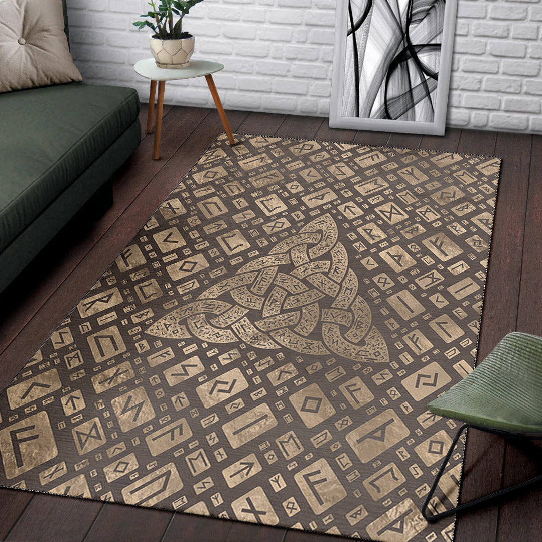 Viking Area Rug Triquetra & Runic Alphabet Wood and Gold