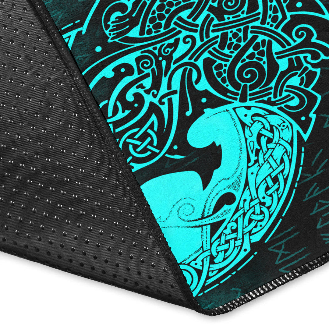 Viking Area Rug Fenrir Viking 3D Tattoo Cyan Version