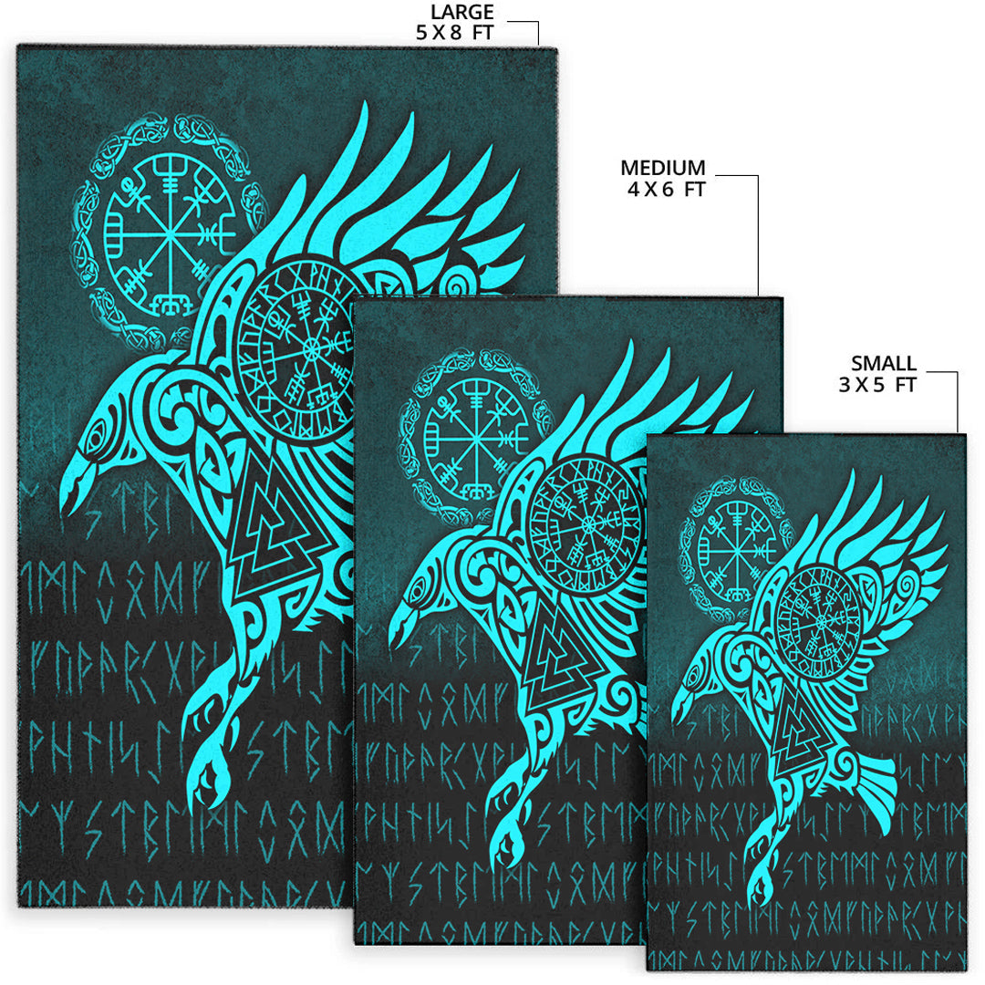 Viking Area Rug Raven Vegvisir Tattoo Cyan Version