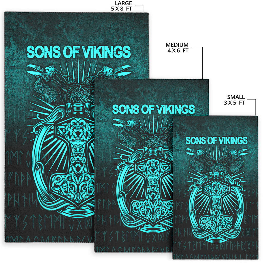 Viking Area Rug Vikings Ravens Mjolnir Cyan Version