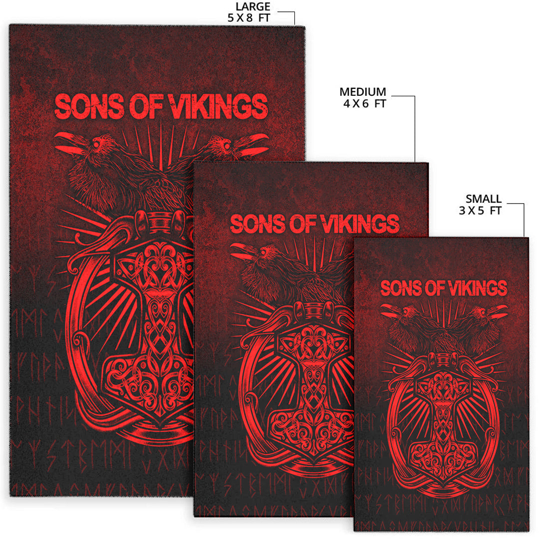 Viking Area Rug Vikings Ravens Mjolnir Red Version