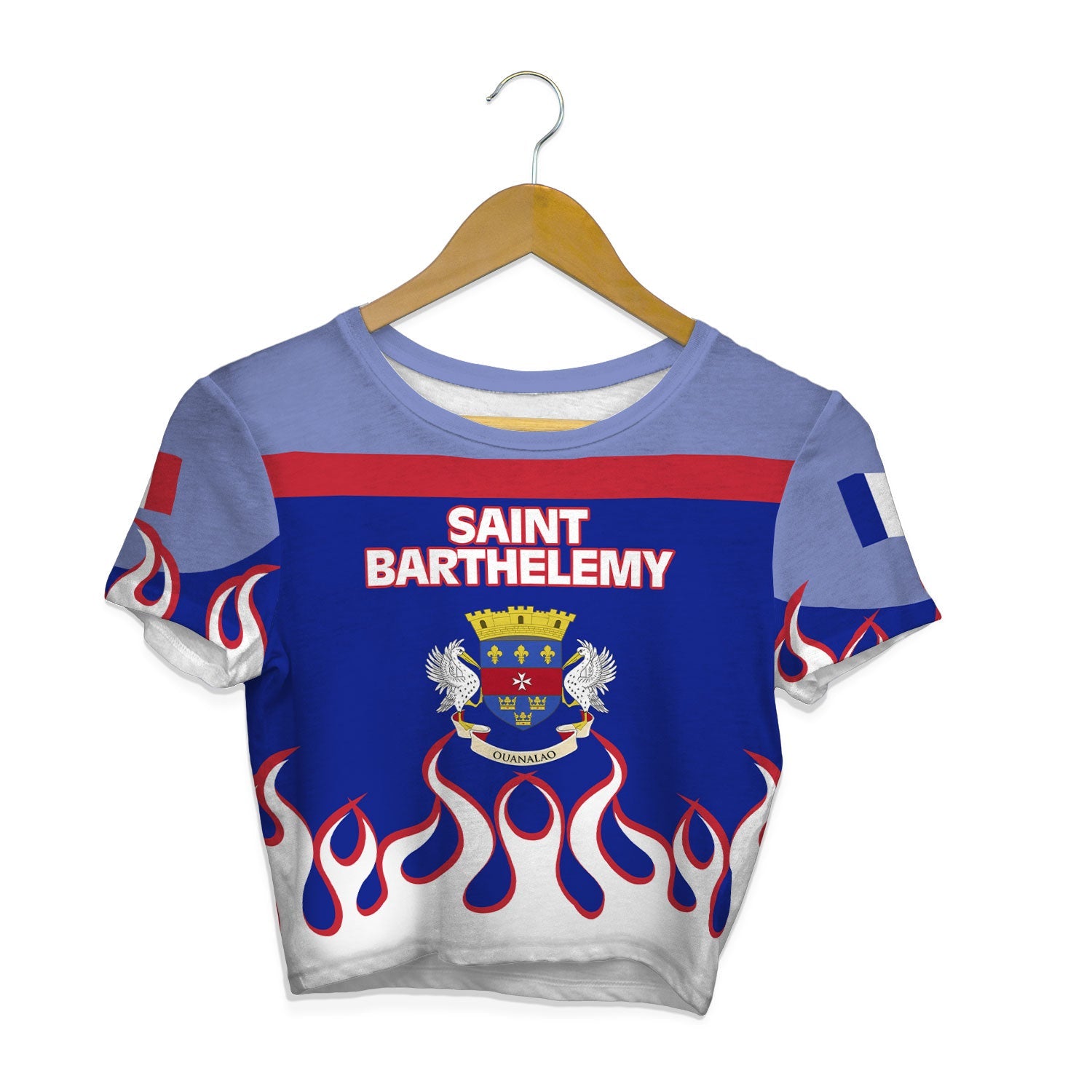 Saint Barthelemy Crop Top T Shirt Flag & Coat Of Arms Fire Hockey Style