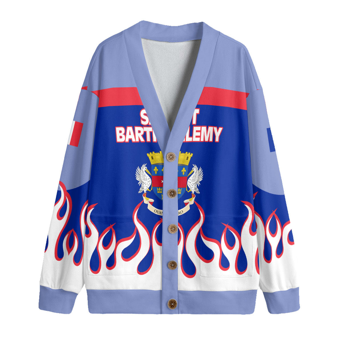 Saint Barthelemy Fleece Cardigan Flag & Coat Of Arms Fire Hockey Style