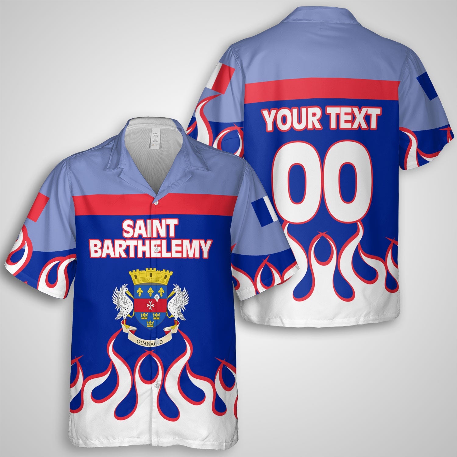 Saint Barthelemy Hawaiian Shirt Flag & Coat Of Arms Fire Hockey Style