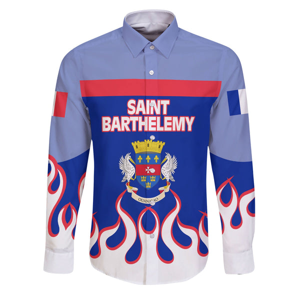 Saint Barthelemy Long Sleeve Button Shirt Flag & Coat Of Arms Fire Hockey Style