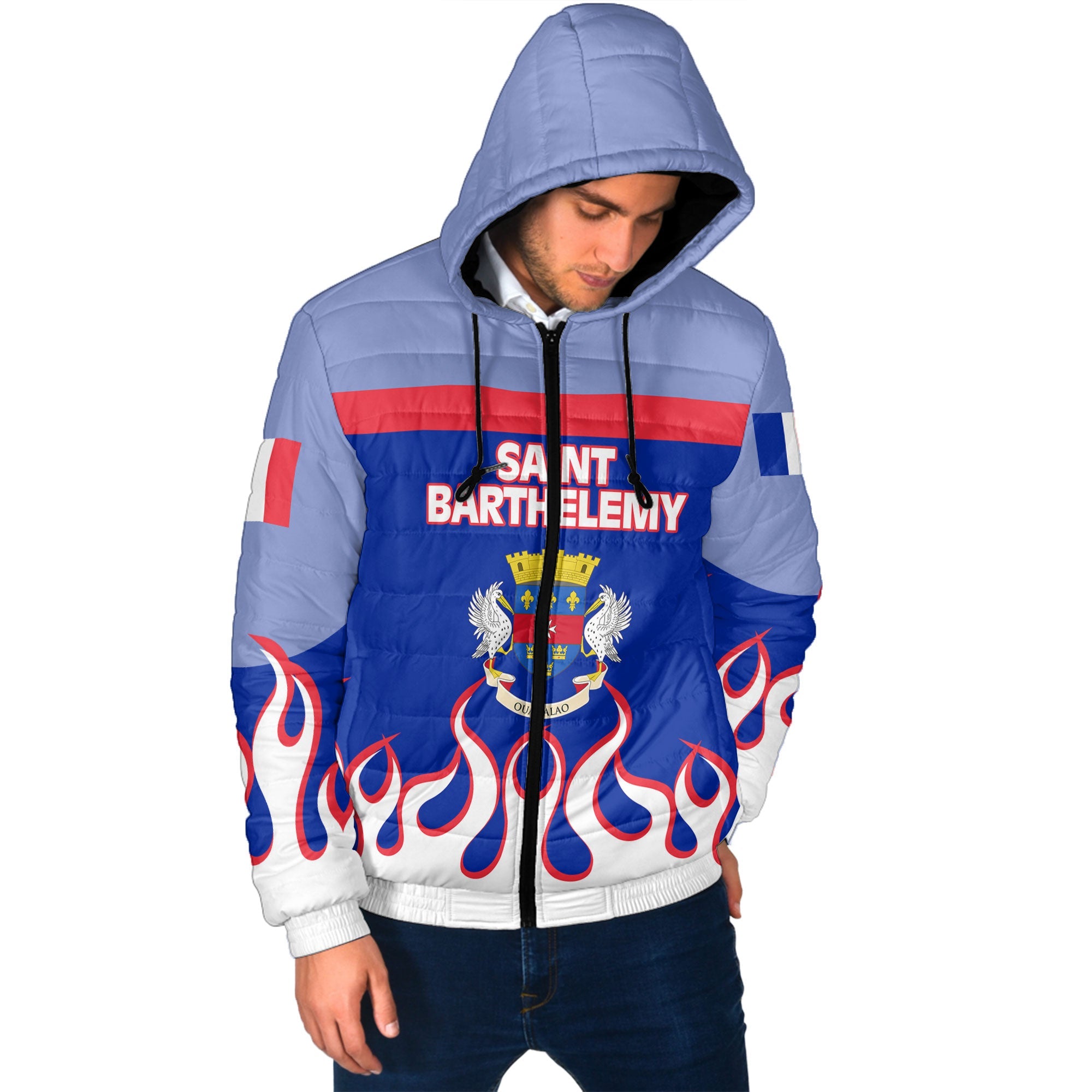 Saint Barthelemy Men Hooded Padded Jacket Flag & Coat Of Arms Fire Hockey Style