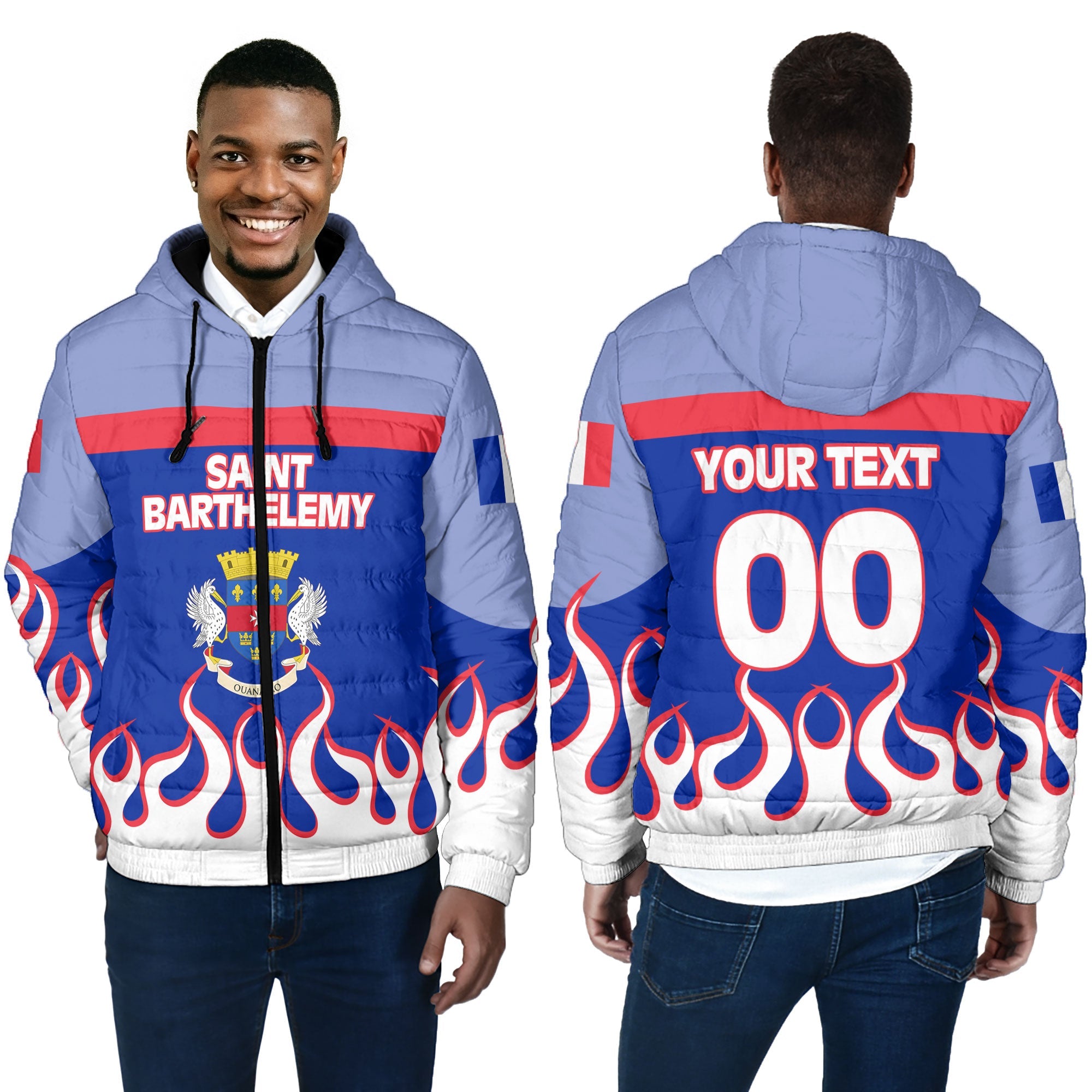 Saint Barthelemy Men Hooded Padded Jacket Flag & Coat Of Arms Fire Hockey Style