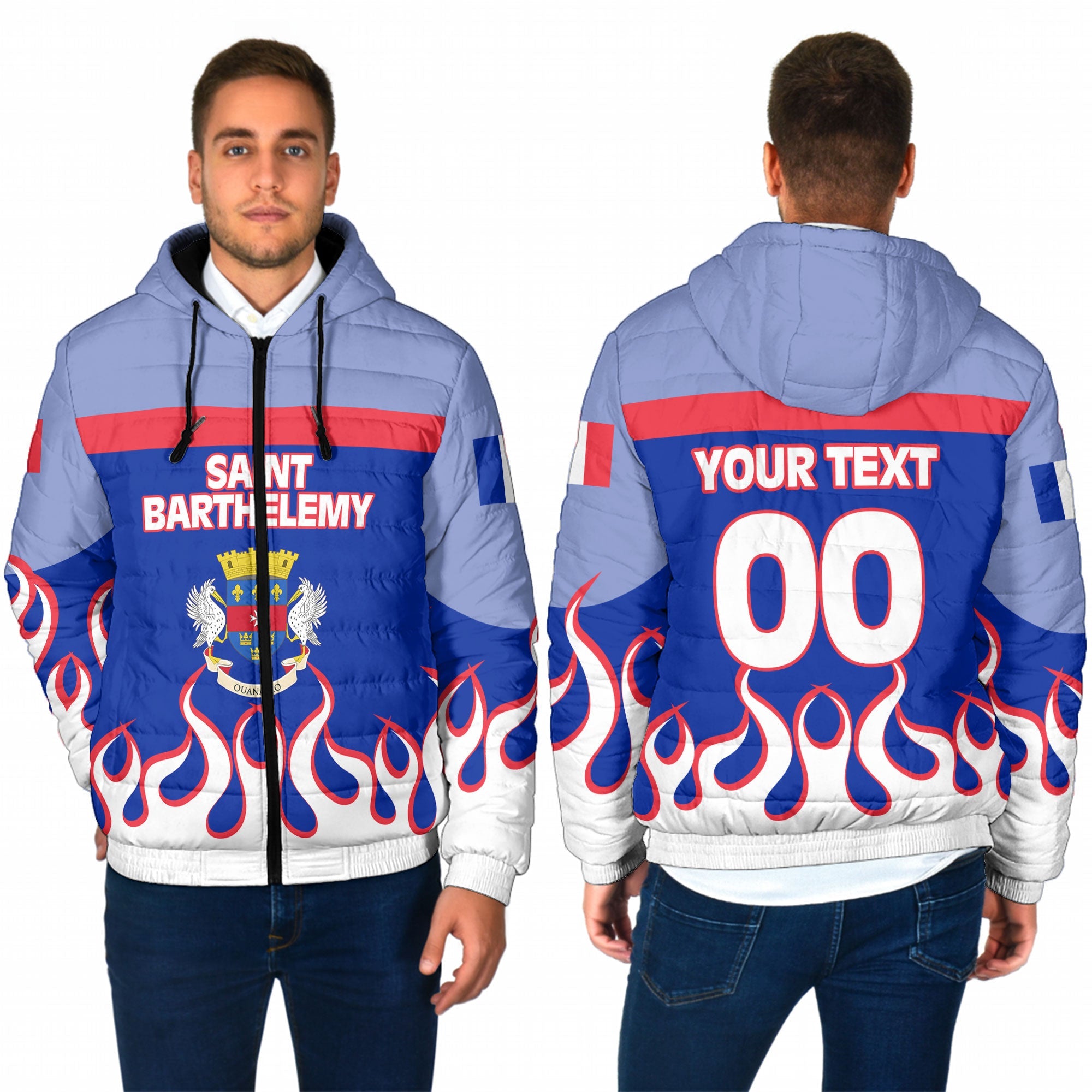 Saint Barthelemy Men Hooded Padded Jacket Flag & Coat Of Arms Fire Hockey Style