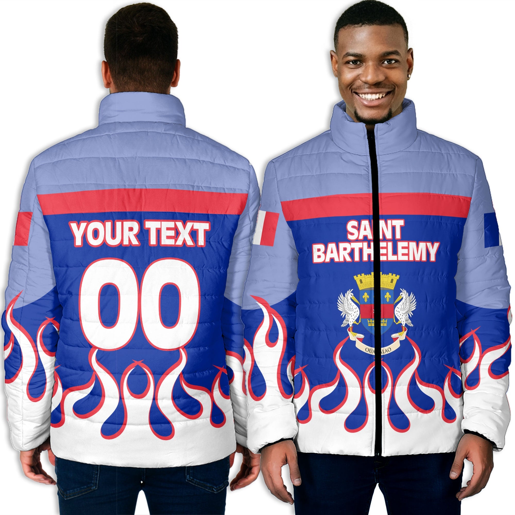 Saint Barthelemy Men Padded Jacket Flag & Coat Of Arms Fire Hockey Style