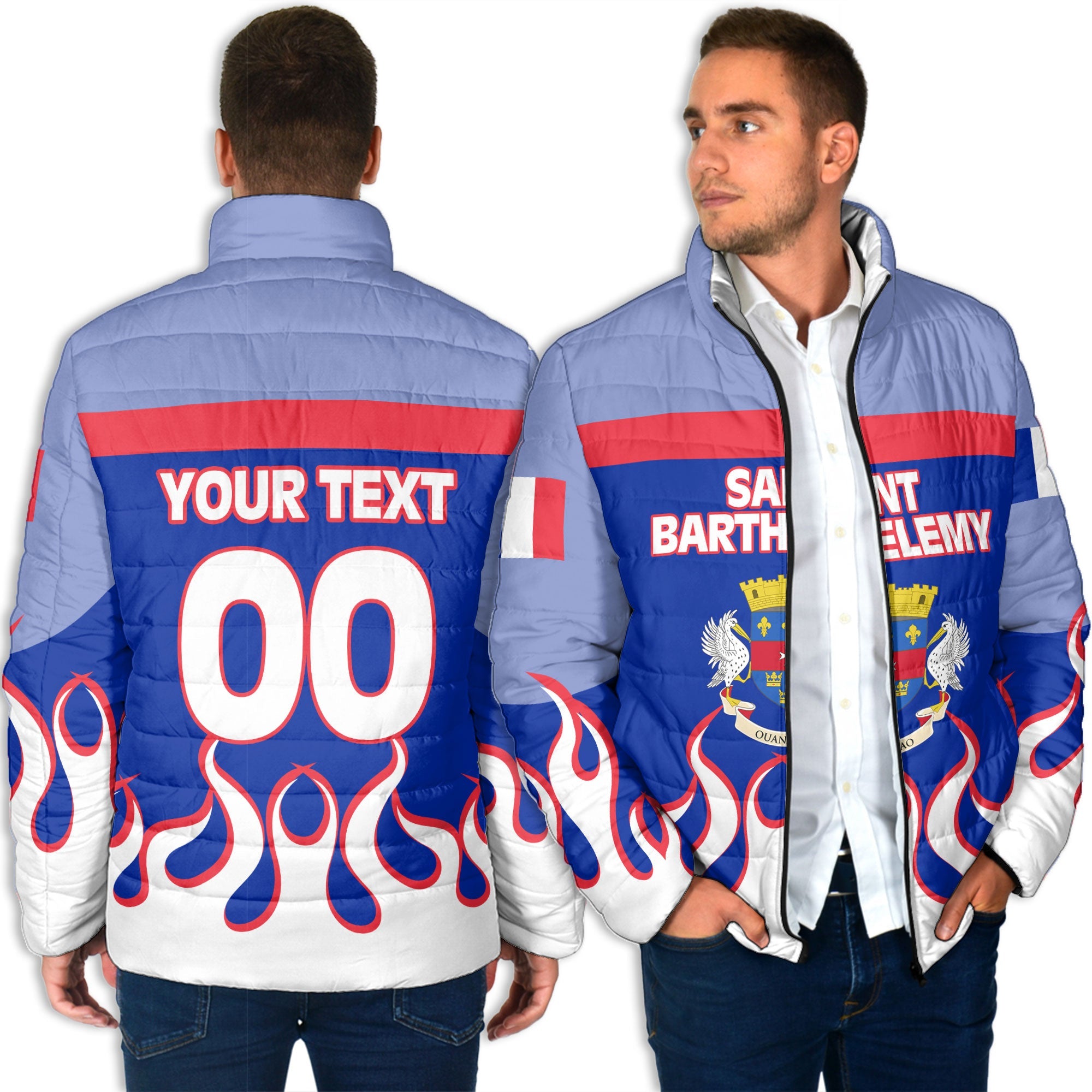 Saint Barthelemy Men Padded Jacket Flag & Coat Of Arms Fire Hockey Style