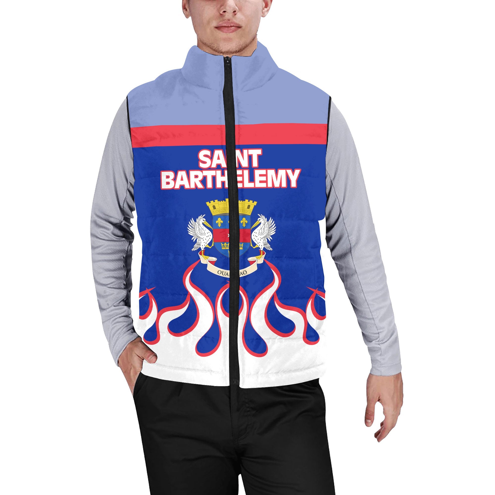 Saint Barthelemy Men Padded Jacket Vest Flag & Coat Of Arms Fire Hockey Style