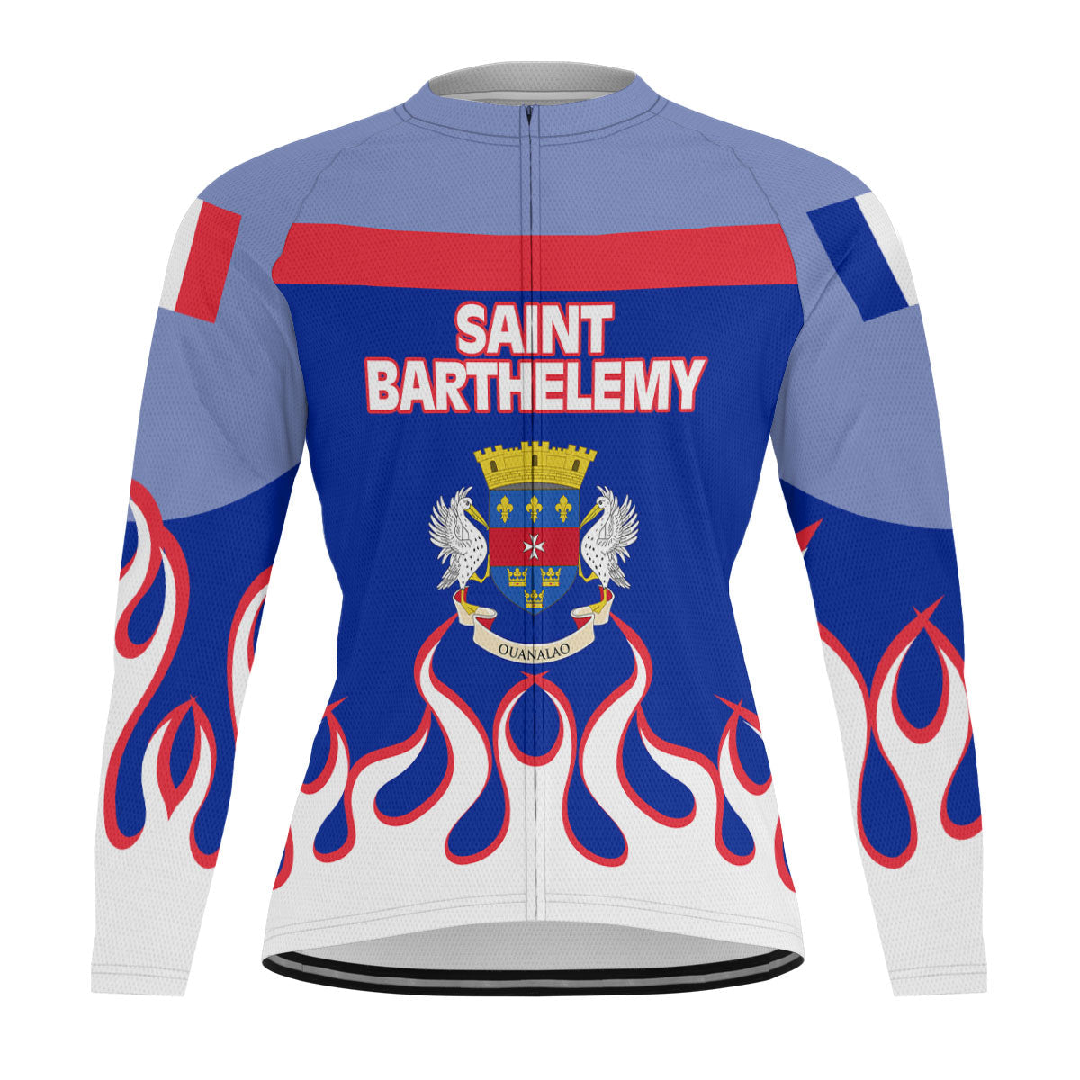 Saint Barthelemy Men's Cycling Jersey Long Sleeve Flag & Coat Of Arms Fire Hockey Style