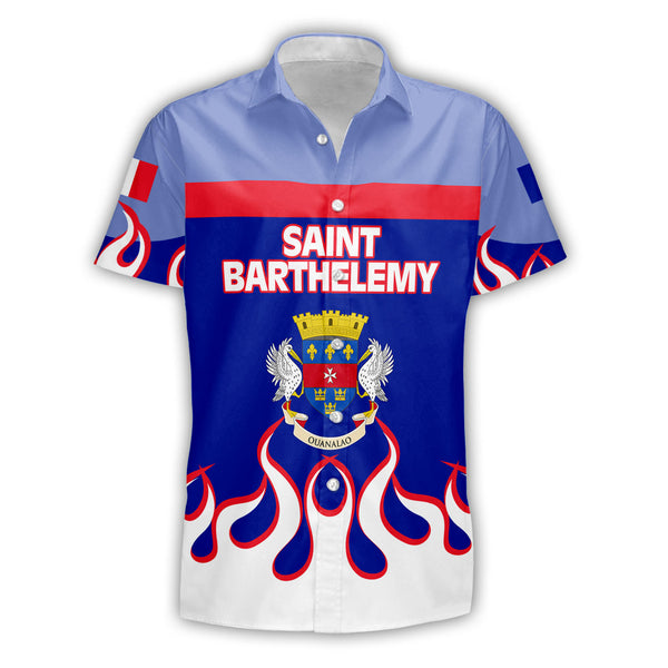 Saint Barthelemy Short Sleeve Shirt Flag & Coat Of Arms Fire Hockey Style