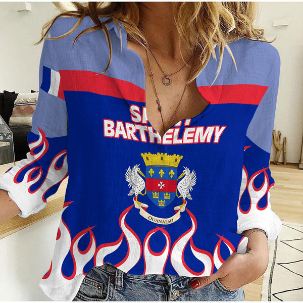 Saint Barthelemy Women Casual Shirt Flag & Coat Of Arms Fire Hockey Style