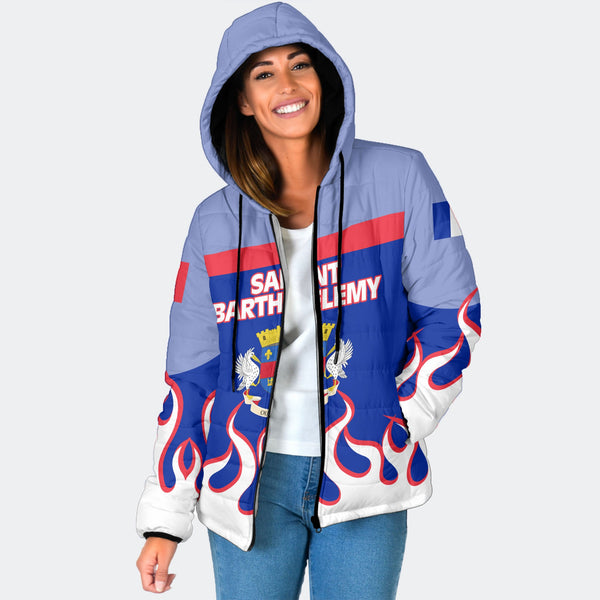 Saint Barthelemy Women Hooded Padded Jacket Flag & Coat Of Arms Fire Hockey Style