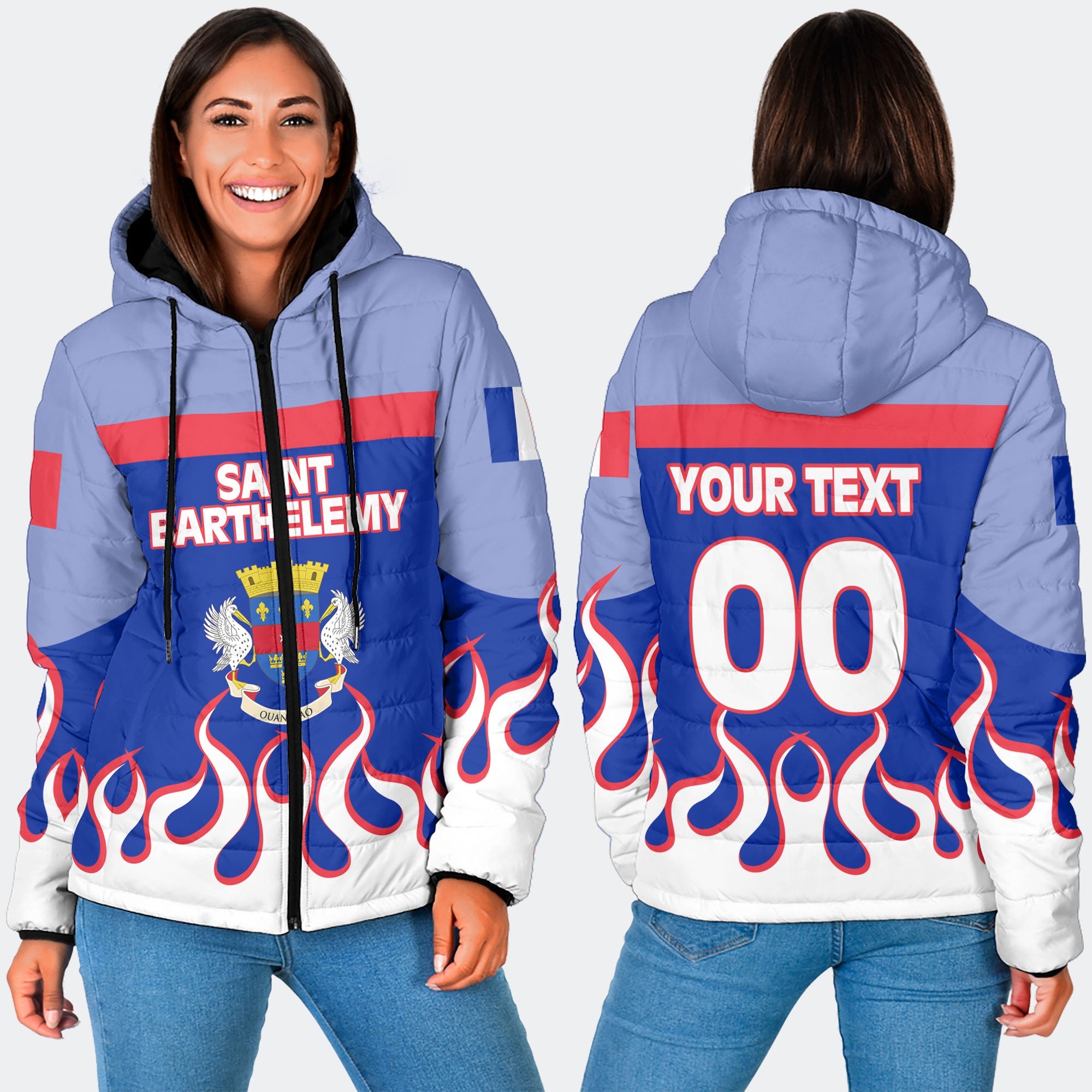 Saint Barthelemy Women Hooded Padded Jacket Flag & Coat Of Arms Fire Hockey Style