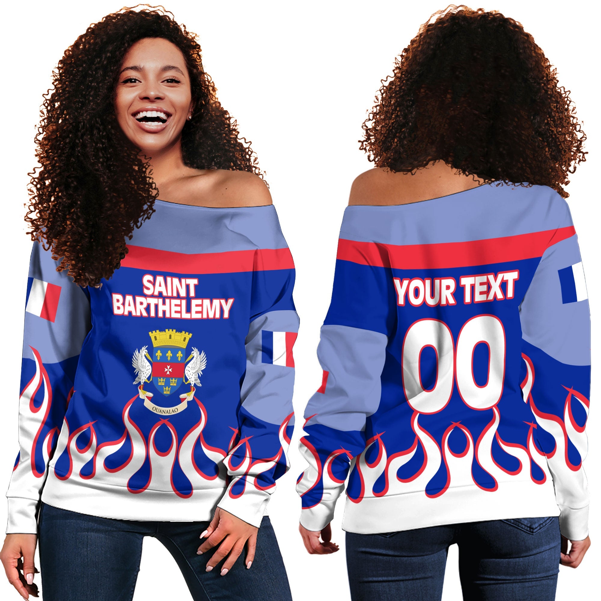 Saint Barthelemy Women Off Shoulder Sweatshirt Flag & Coat Of Arms Fire Hockey Style