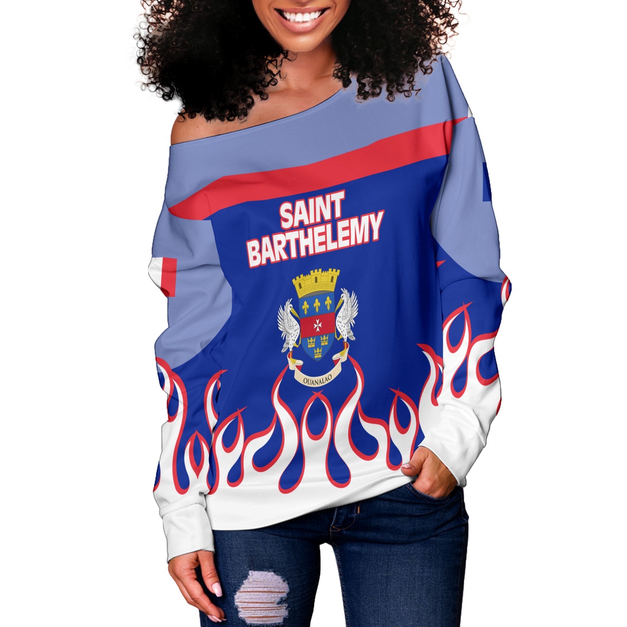 Saint Barthelemy Women Off Shoulder Sweatshirt Flag & Coat Of Arms Fire Hockey Style