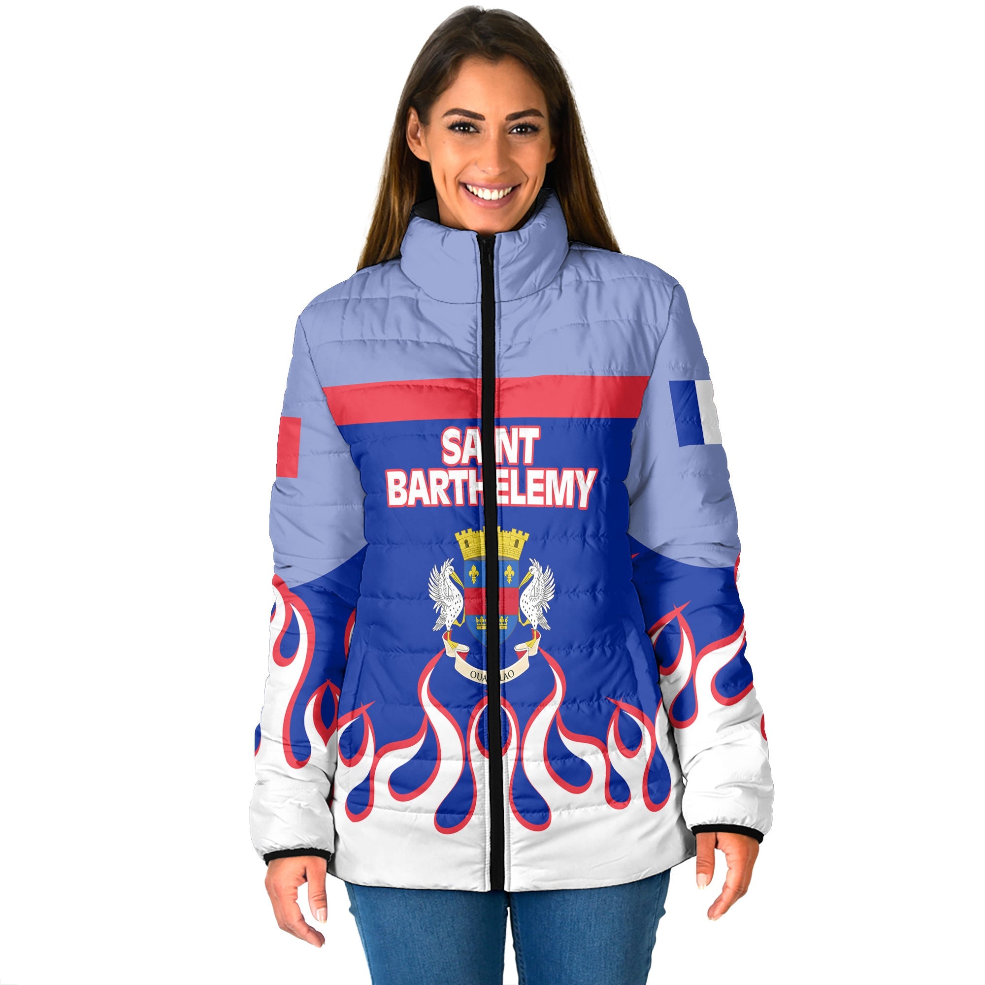 Saint Barthelemy Women Padded Jacket Flag & Coat Of Arms Fire Hockey Style