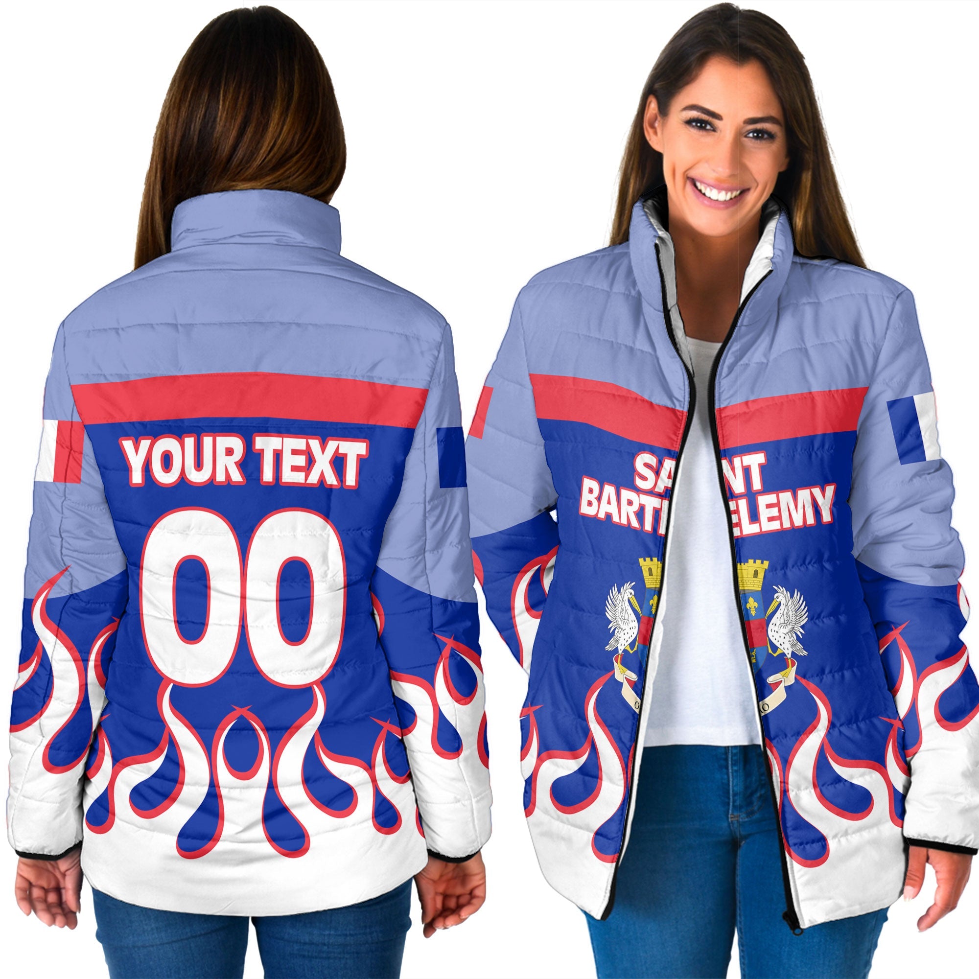 Saint Barthelemy Women Padded Jacket Flag & Coat Of Arms Fire Hockey Style