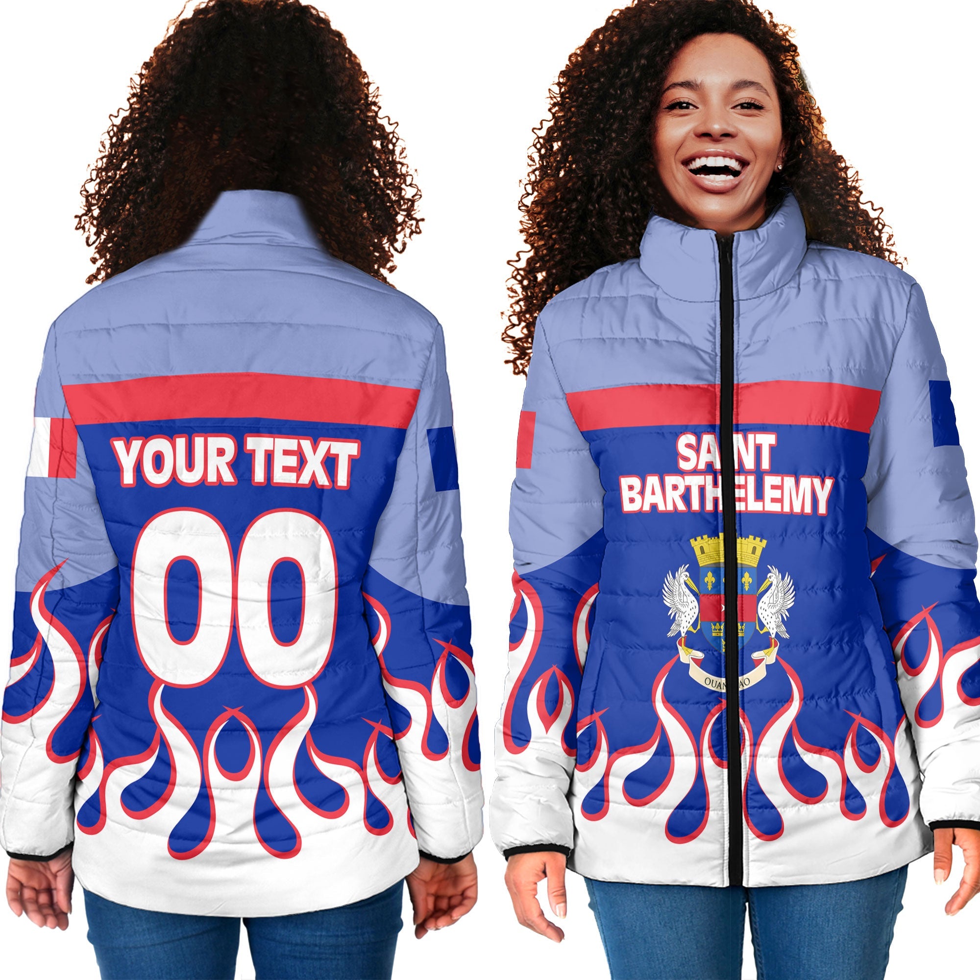 Saint Barthelemy Women Padded Jacket Flag & Coat Of Arms Fire Hockey Style