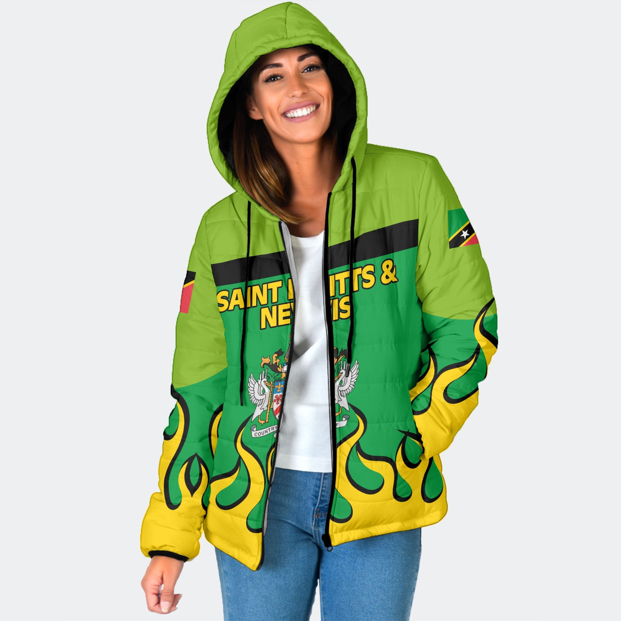 Saint Kitts and Nevis Women Hooded Padded Jacket Flag & Coat Of Arms Fire Hockey Style