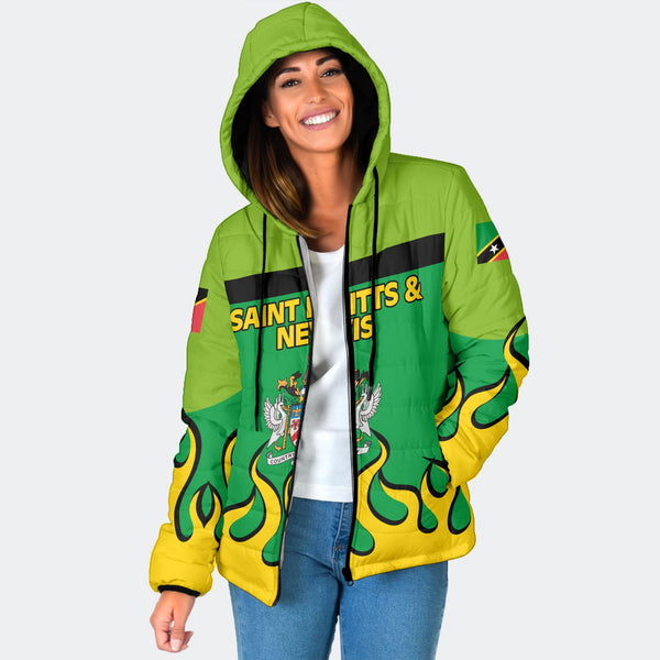 Saint Kitts and Nevis Women Hooded Padded Jacket Flag & Coat Of Arms Fire Hockey Style