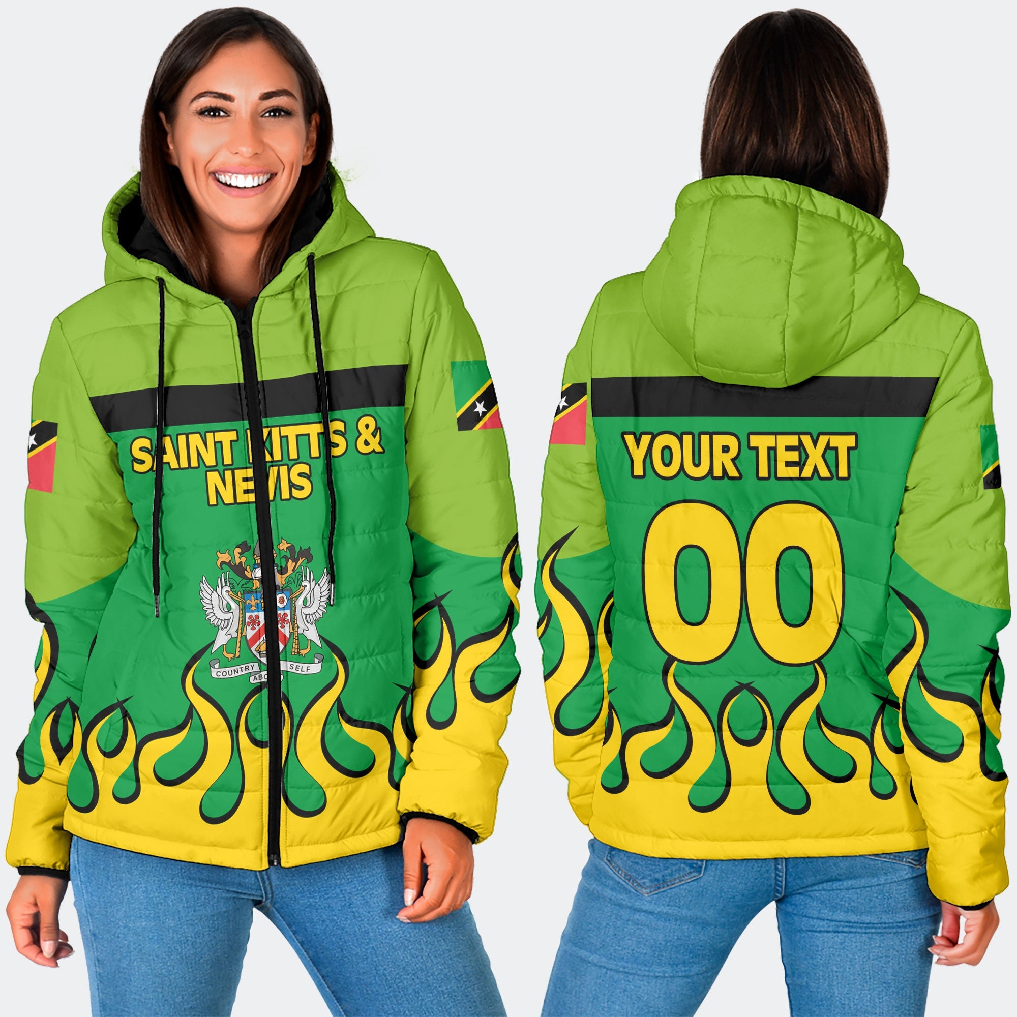 Saint Kitts and Nevis Women Hooded Padded Jacket Flag & Coat Of Arms Fire Hockey Style