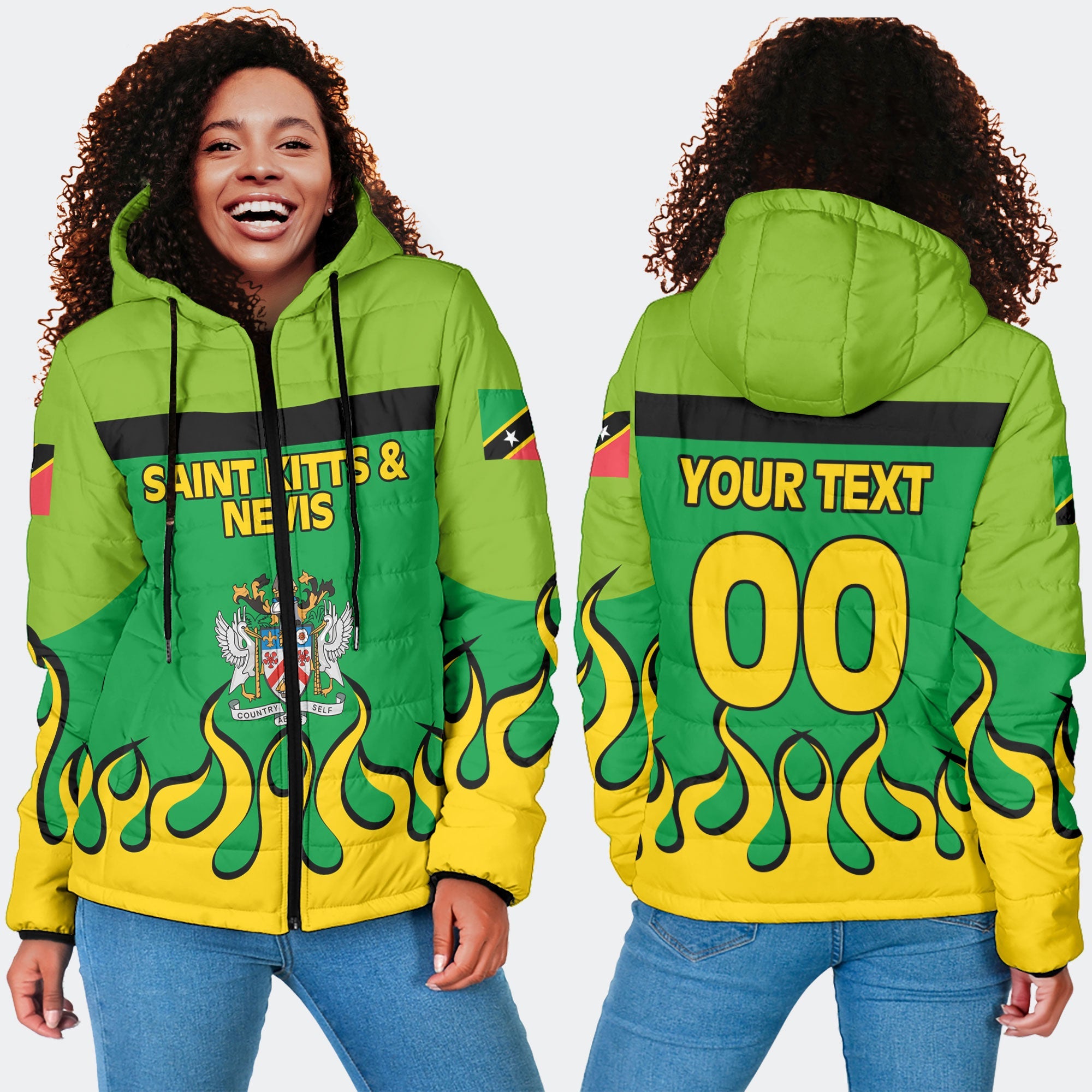 Saint Kitts and Nevis Women Hooded Padded Jacket Flag & Coat Of Arms Fire Hockey Style