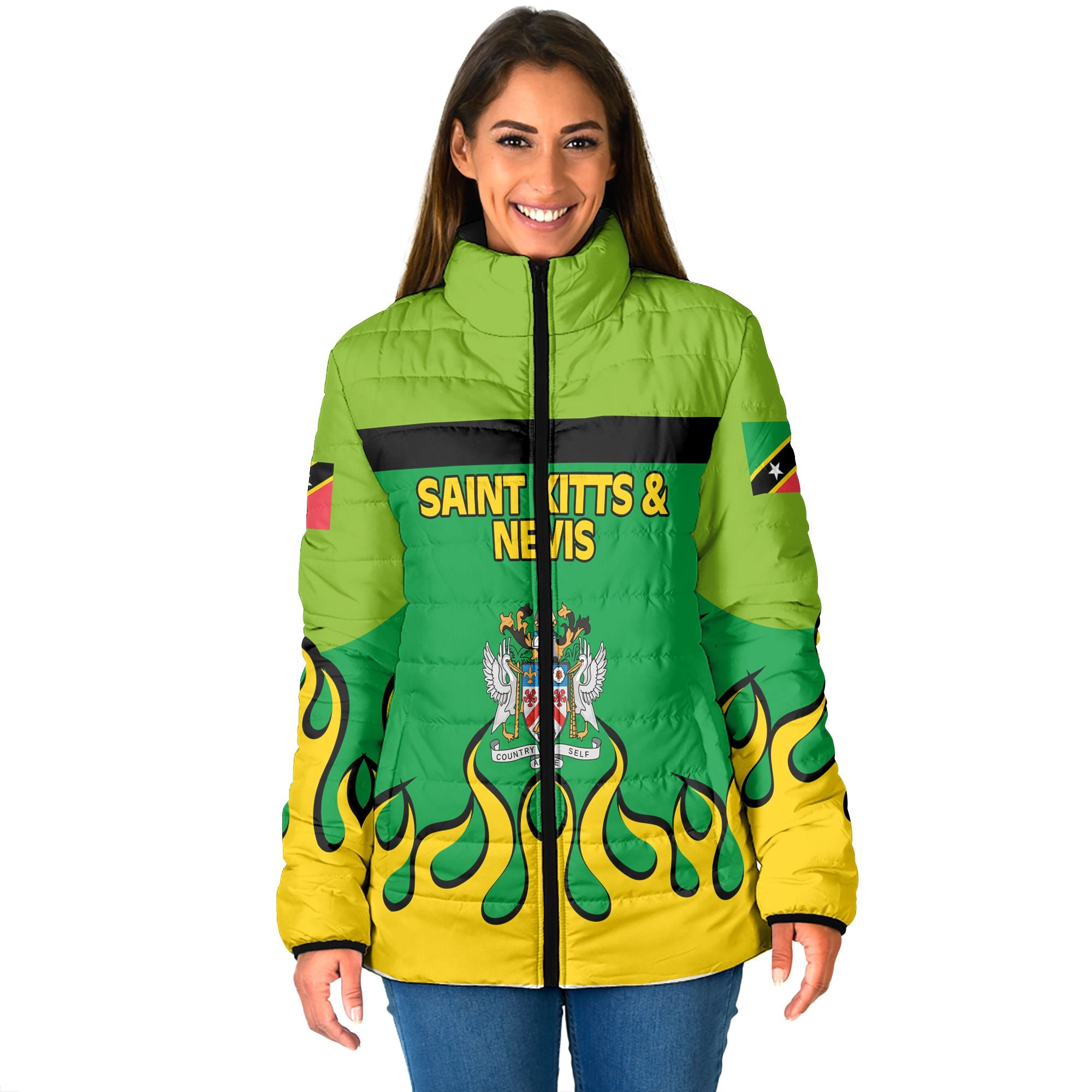 Saint Kitts and Nevis Women Padded Jacket Flag & Coat Of Arms Fire Hockey Style